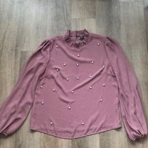 Pearl Beaded Frilled Neckline Lantern Sleeve Top shein medium